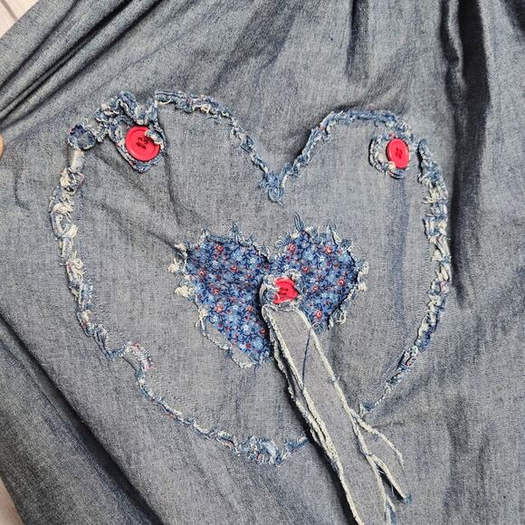 VTG Handmade Denim Dress with Fringe Hem, Heart Pocket & Buttons, size Small - Picture 3 of 6